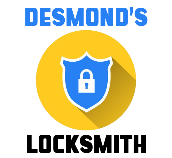 A logo for desmond 's locksmith with a blue shield with a padlock on it