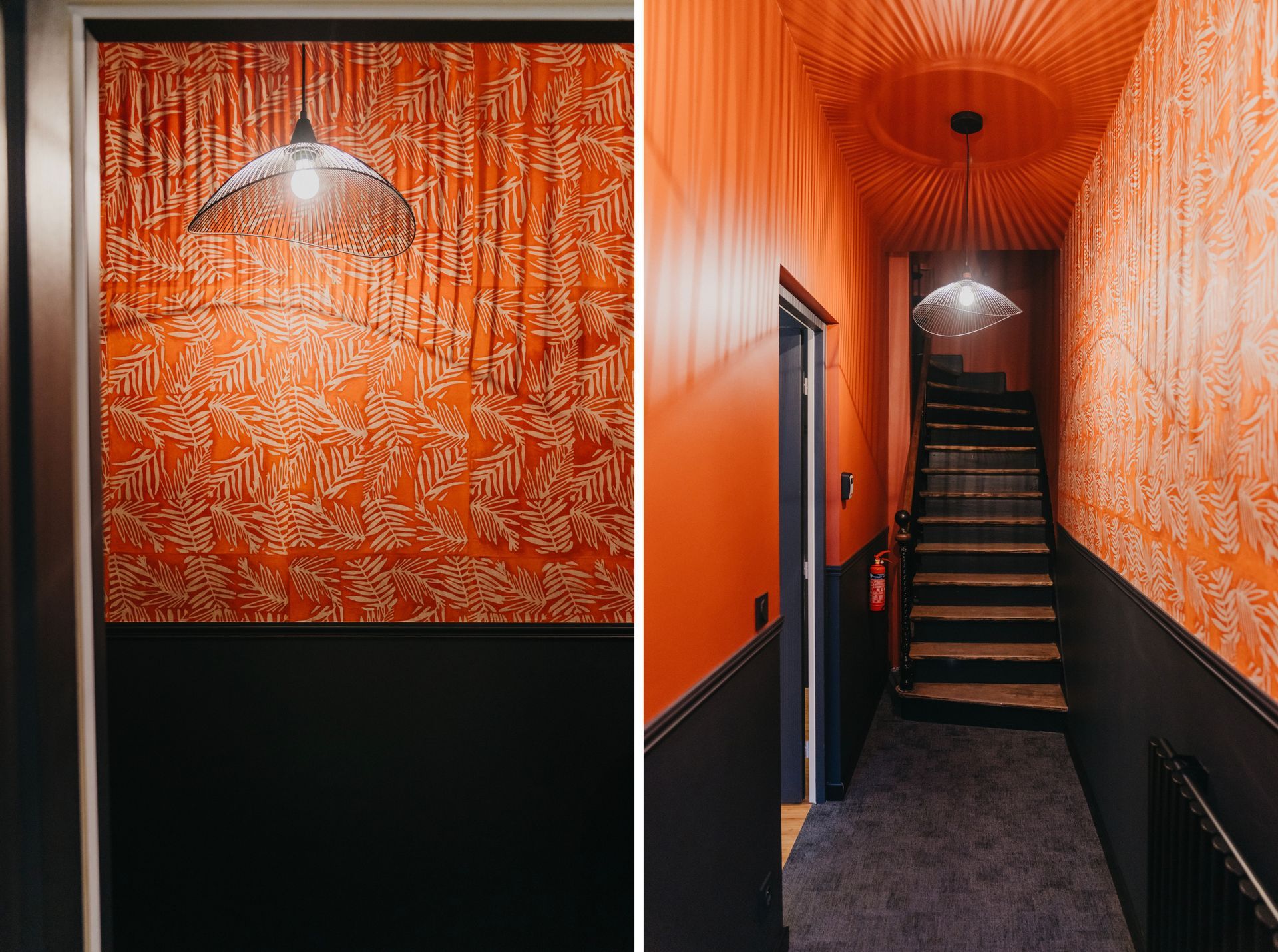Deux photos d'un couloir avec des murs et des escaliers orange.