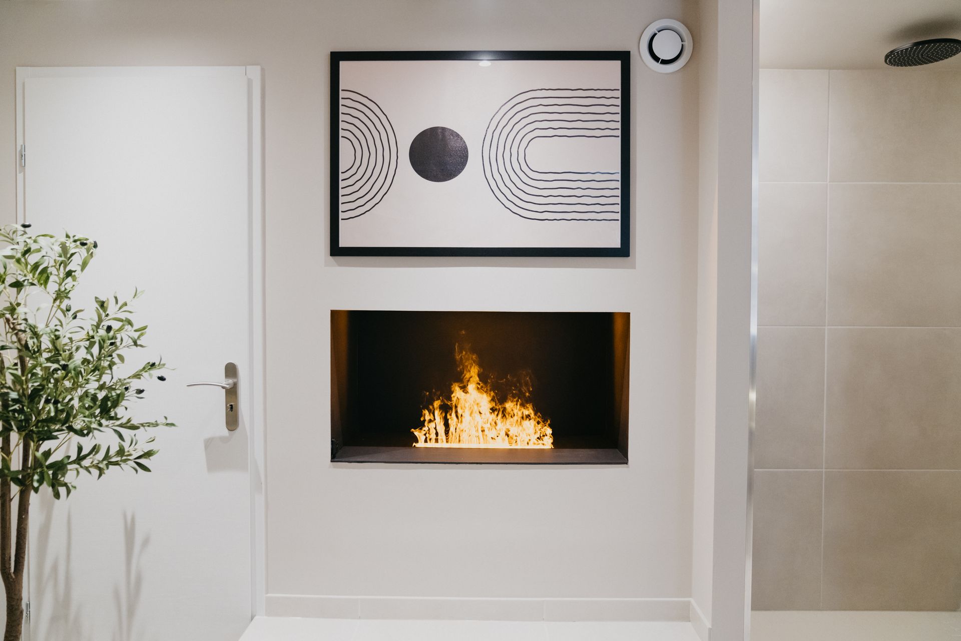 Il y a une cheminée dans le mur avec un tableau au-dessus.