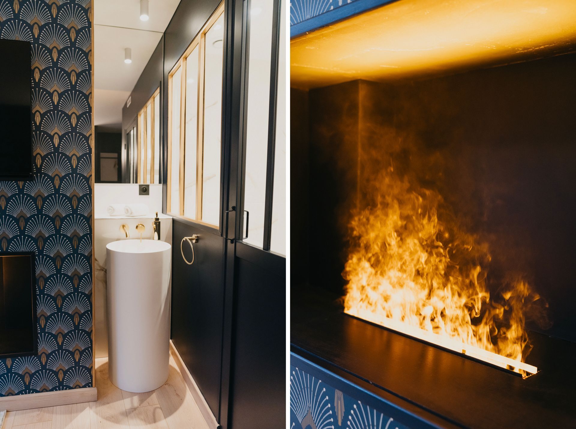 Une salle de bain avec un lavabo et une cheminée d'où sortent des flammes.