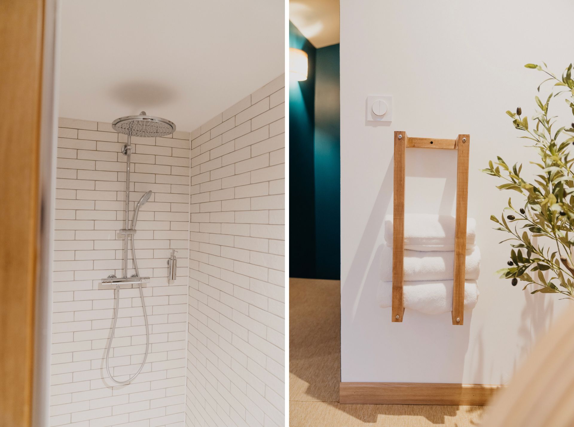 Une salle de bain avec douche et sèche-serviettes