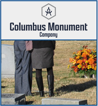 Columbus Monument Company Logo and image of two people standing over a grave.