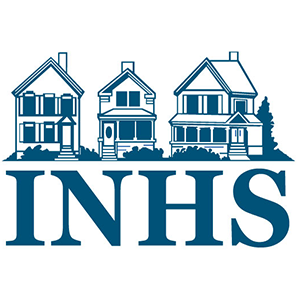 A logo for inhs with three houses in the background