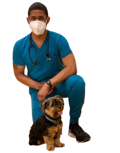 A man wearing a mask is kneeling next to a dog.
