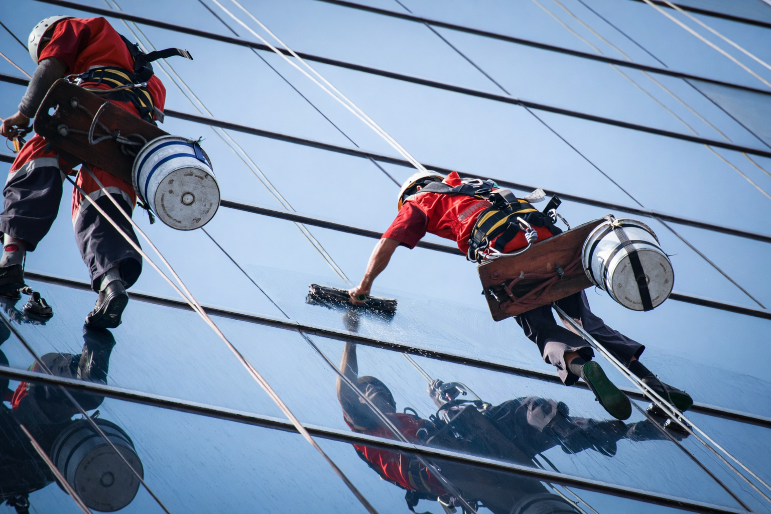 Two window washers in red shirts and safety gear cleaning a glass skyscraper facade.