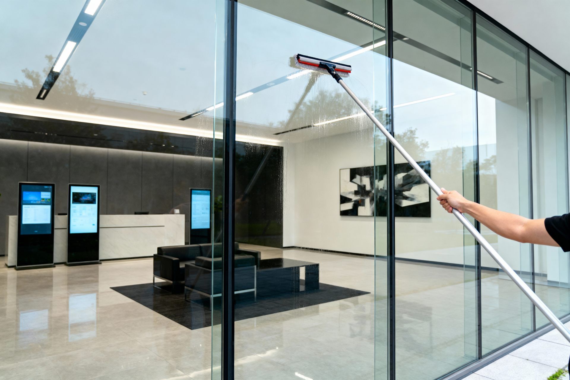 A window washer in a harness sprays water on a tall building, blue glass and white walls.