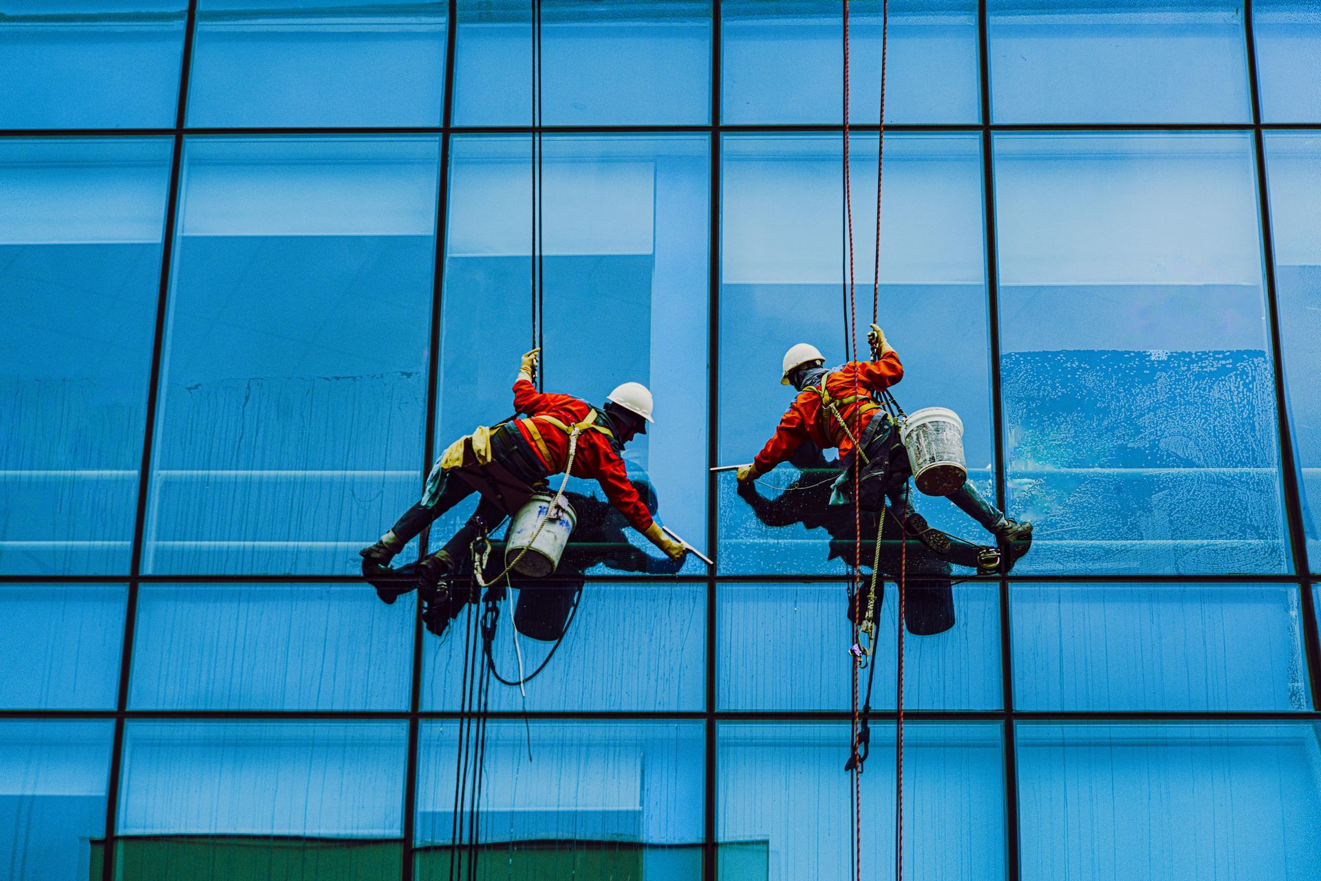 Two window washers in high-visibility orange uniforms suspended by ropes, cleaning the glass facade of a tall building.