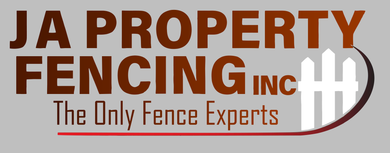 A logo for a property fencing company with a red arrow pointing to the right.