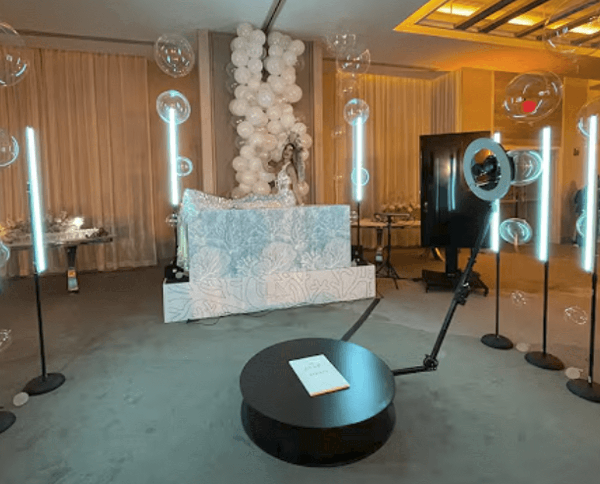 360 video booth rental with professional lighting and decorations