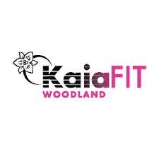 the logo for kaiafit woodland has a flower on it .