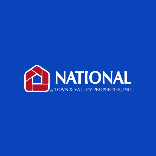 the national town and valley properties inc logo is on a blue background .