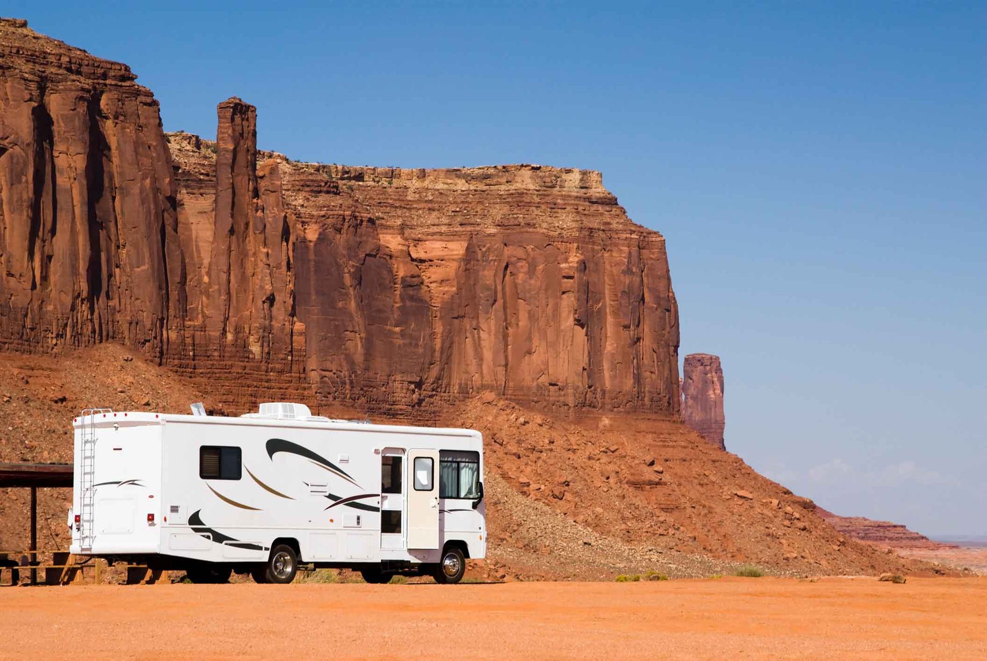A White Rv Is Parked In The Desert In Front Of A Mountain – Port Pirie, SA - Flinders Earthmoving & Blue Metal Supplies
