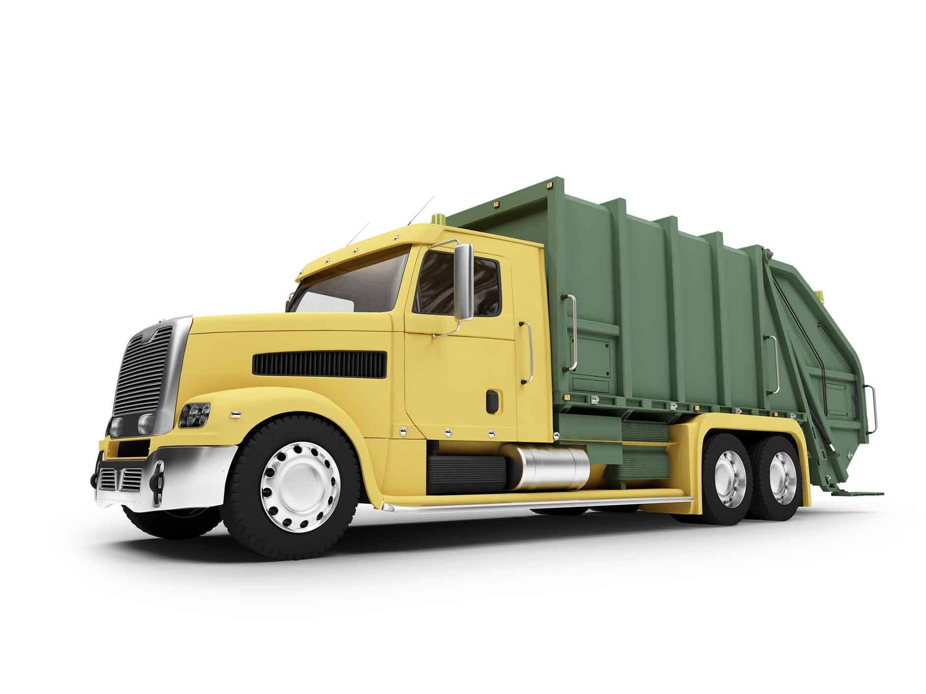 A Yellow And Green Garbage Truck On A White Background – Port Pirie, SA - Flinders Earthmoving & Blue Metal Supplies
