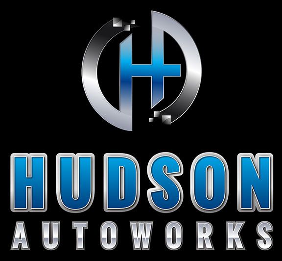 Hudson Autoworks logo with metallic blue and silver lettering on a black background