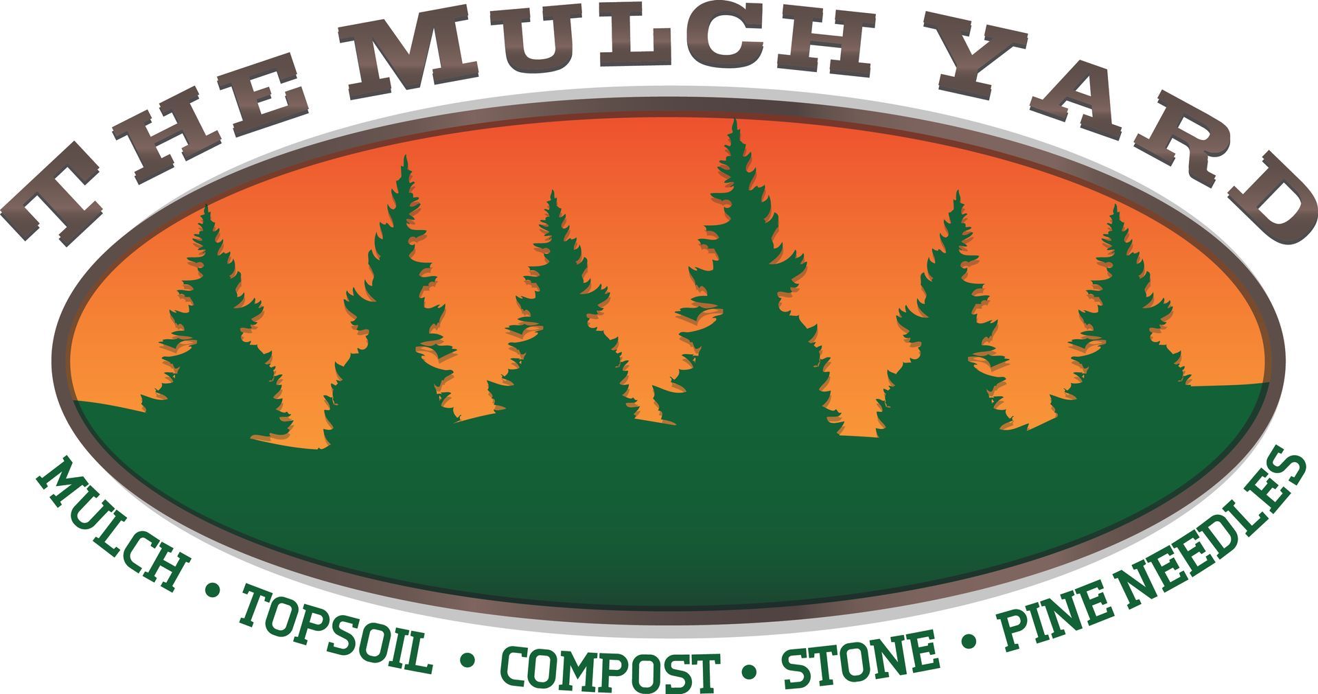The Mulch Yard logo with orange sunset, green pine trees, and mulch, topsoil, compost, stone, pine needles text