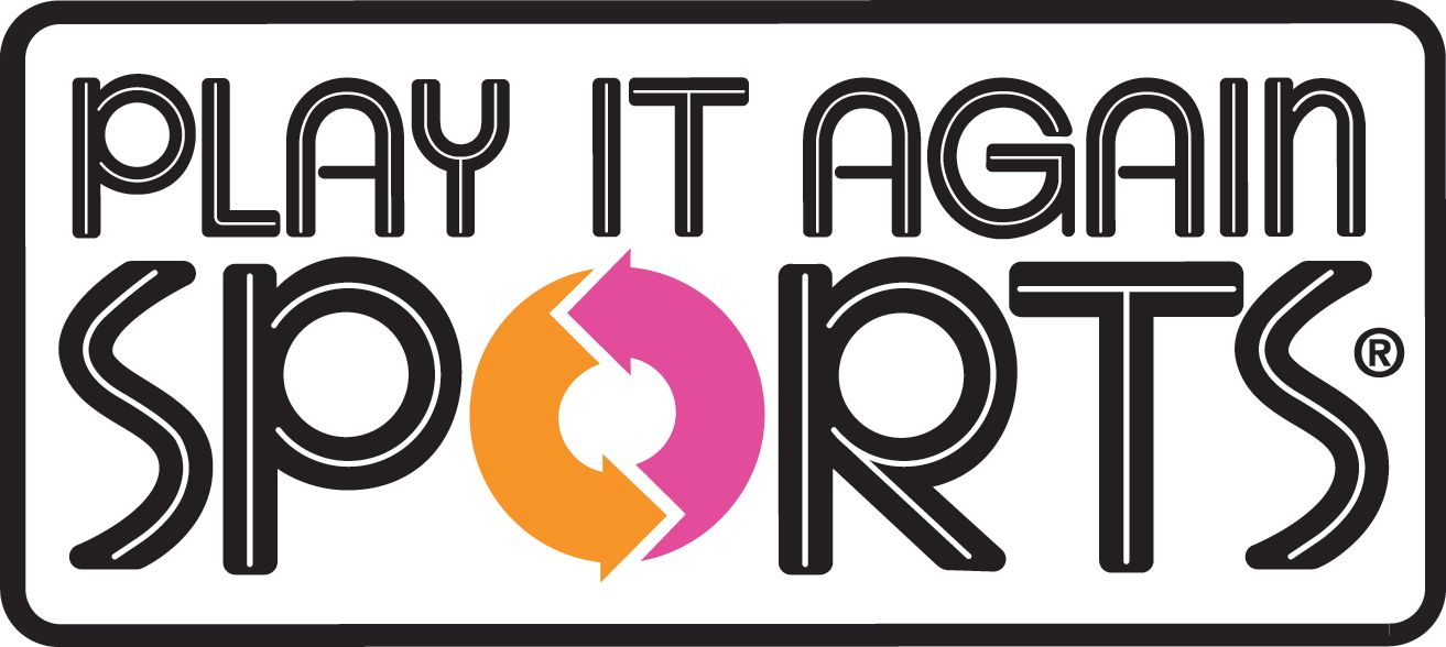 Play It Again Sports logo in black and orange with pink center icon