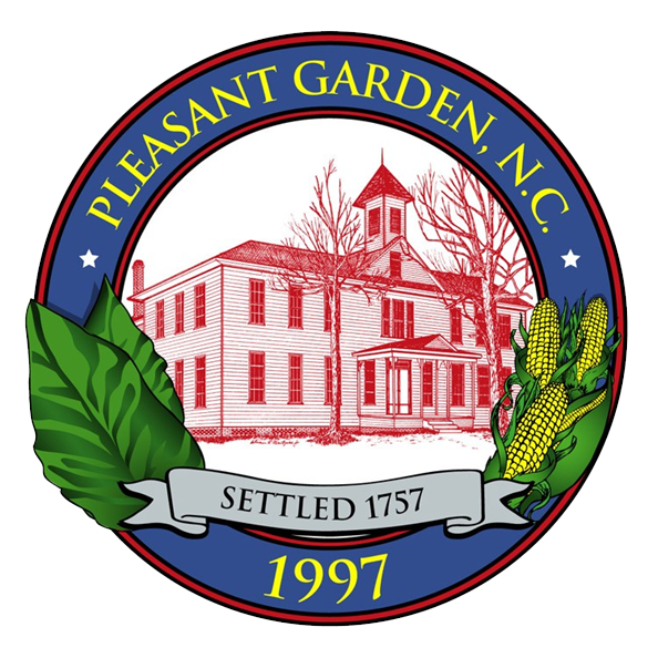 Pleasant Garden, N.C. town seal with red historic house, green leaves, corn, and &ldquo;Settled 1757&rdquo; and &ldquo;1997&rdquo; text