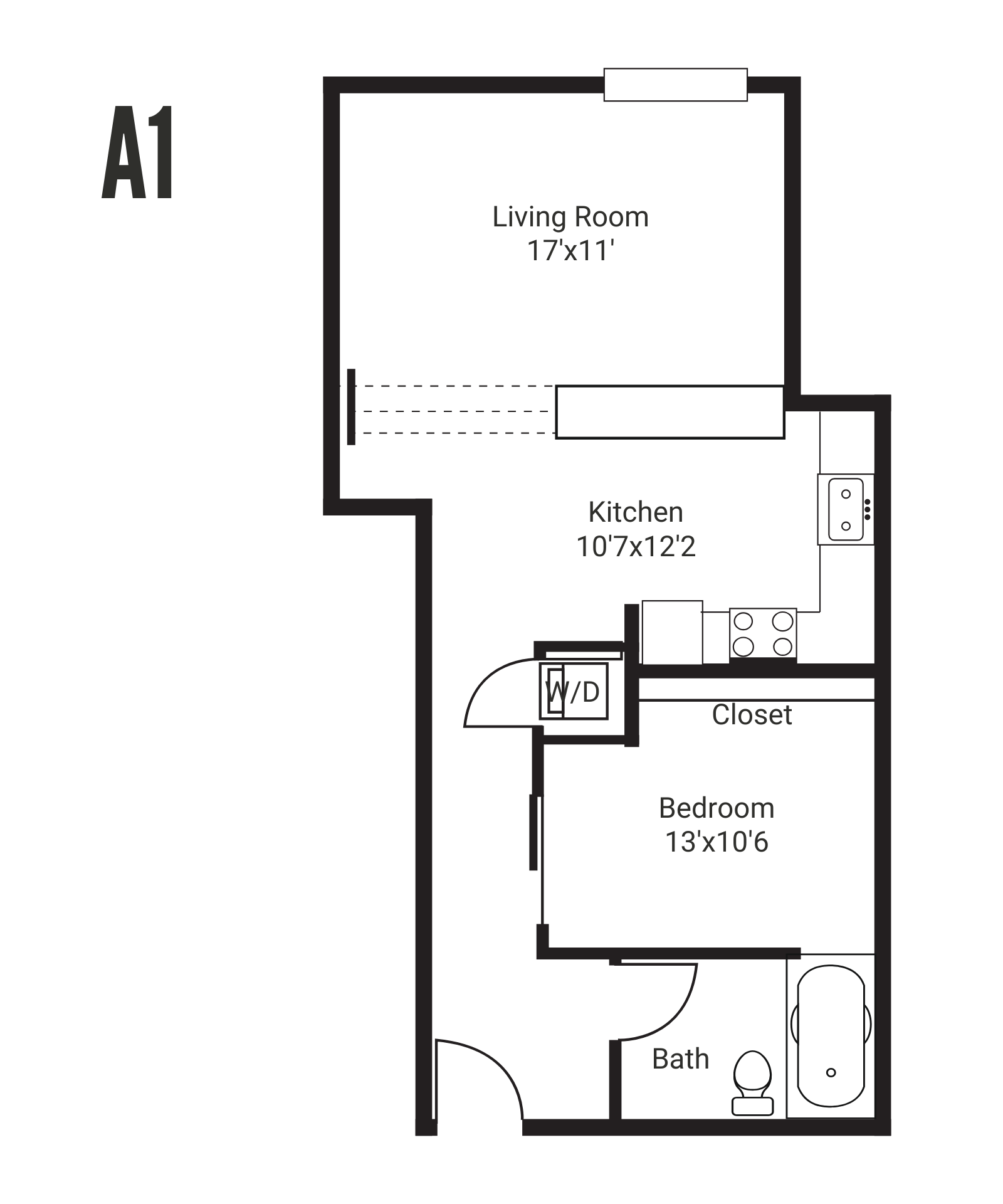 Floor plan of a small apartment with a bedroom, bathroom, living area, and kitchen. Dark wood-look floors, white walls, and neutral-colored furniture.