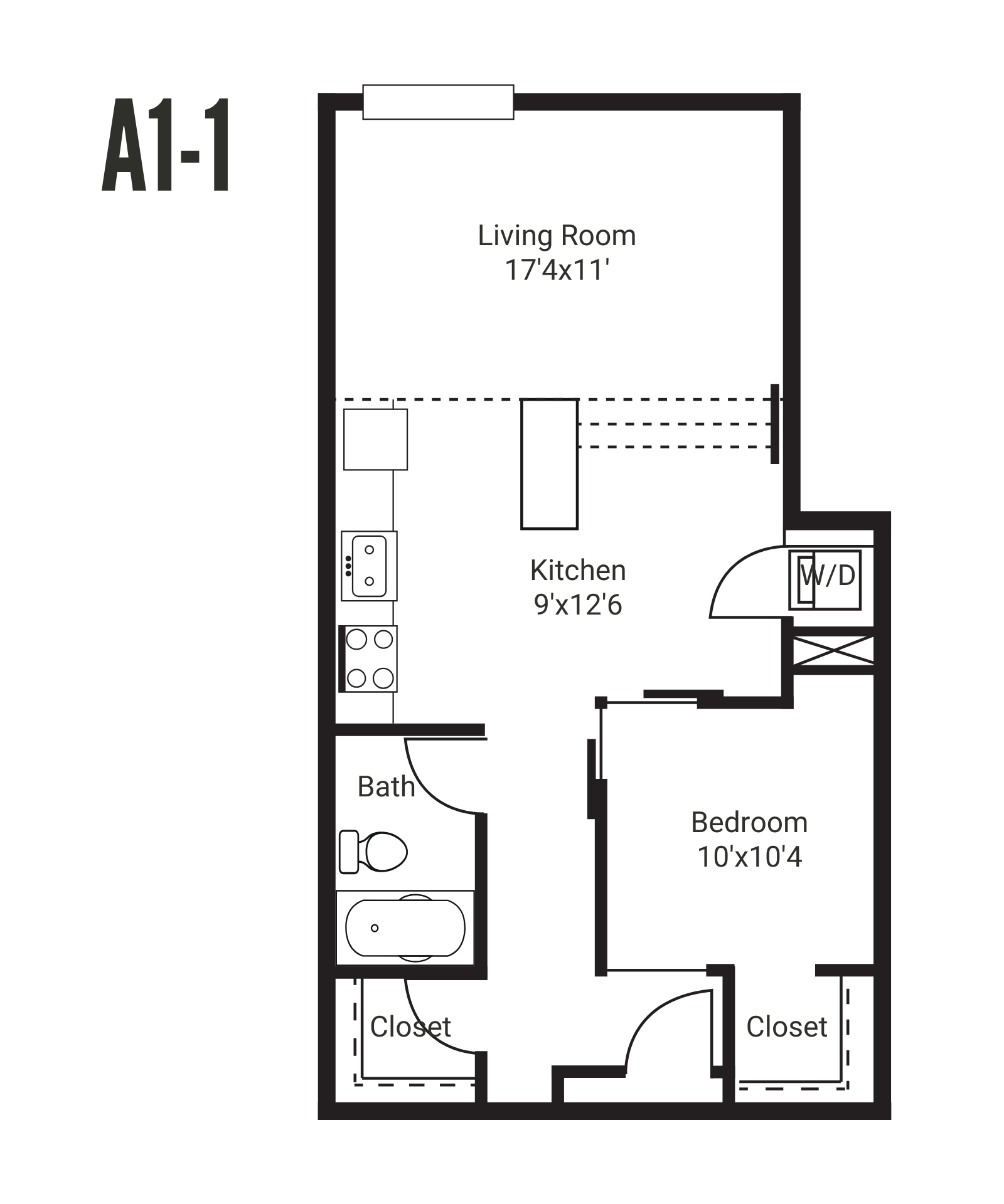 Floor plan of a small apartment. It features a living area, a bedroom, a kitchen, and a bathroom.