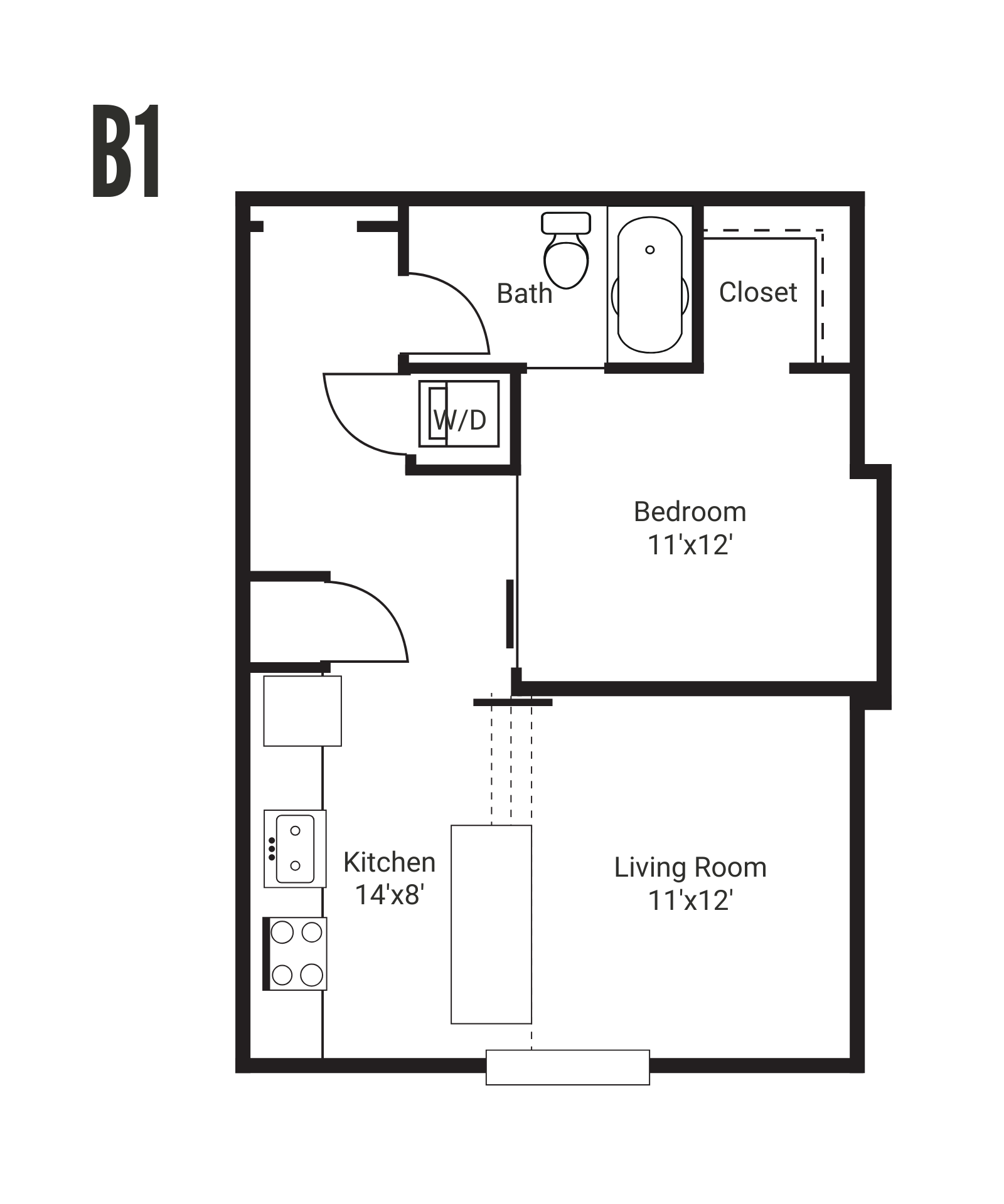 Floor plan of a studio apartment. It includes a kitchen, living area, bedroom, and bathroom, with furniture depicted.