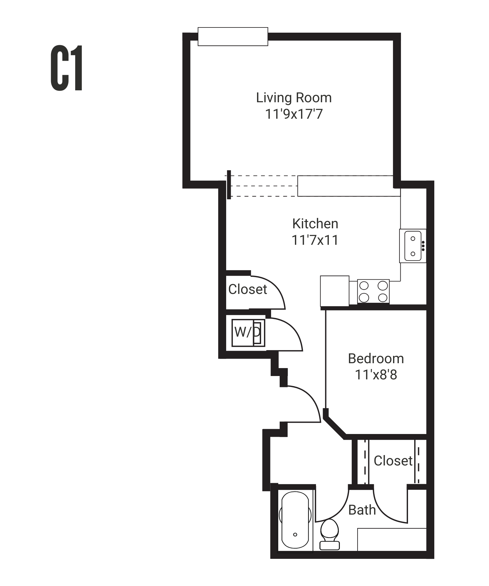 Floor plan of a studio apartment with living area, kitchen, bedroom, and bathroom in neutral tones.