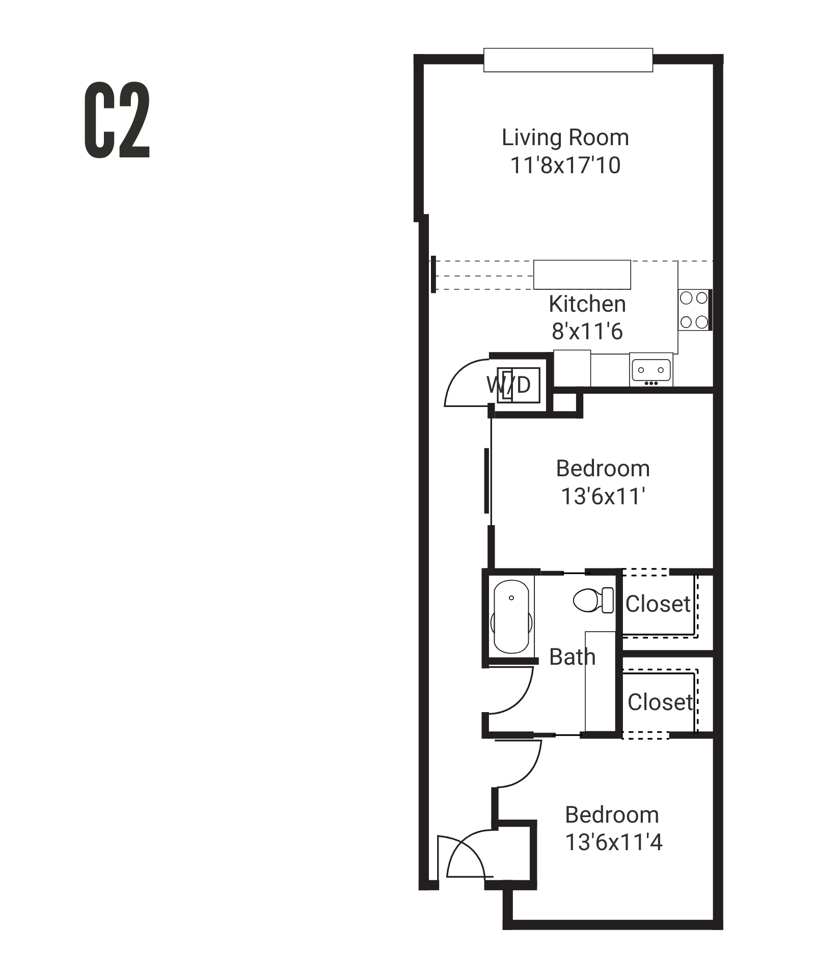 Top-down view of a furnished apartment floor plan. Features include a living area, dining space, kitchen, bedroom, bathroom, and walk-in closet.