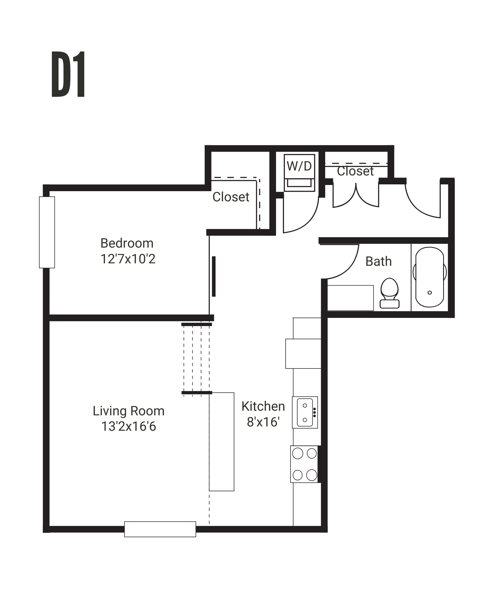 Floor plan of a studio apartment with living, sleeping, and kitchen areas. It features a bathroom, laundry, and large windows.