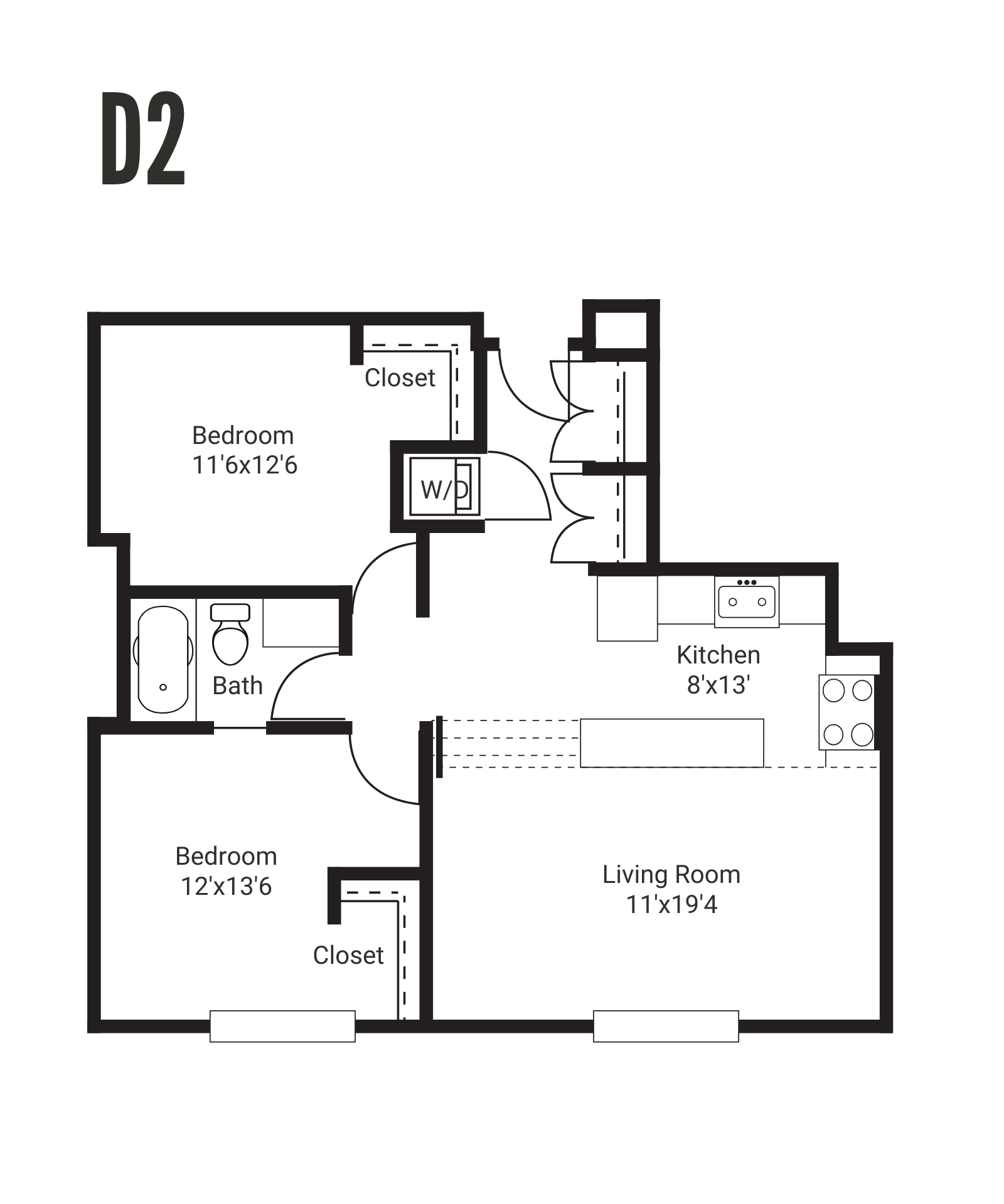 Floor plan of a one-bedroom apartment with a bedroom, living area, kitchen, and bathroom. The interior features wooden floors and light-colored walls.