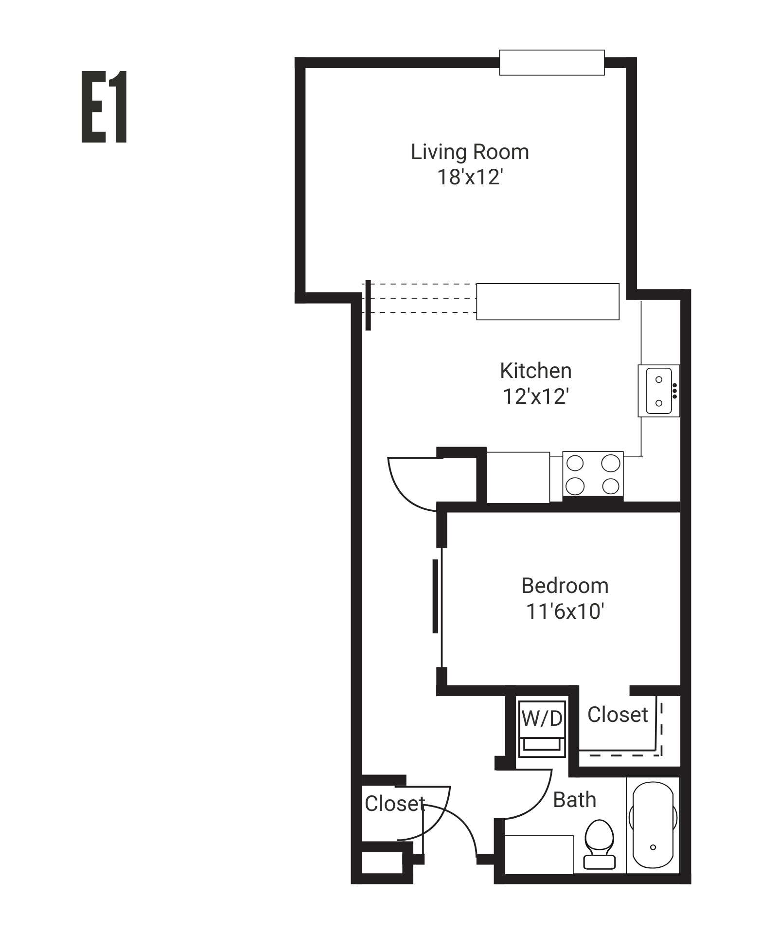 Floor plan of a two-bedroom apartment with a kitchen, living room, and two bathrooms.