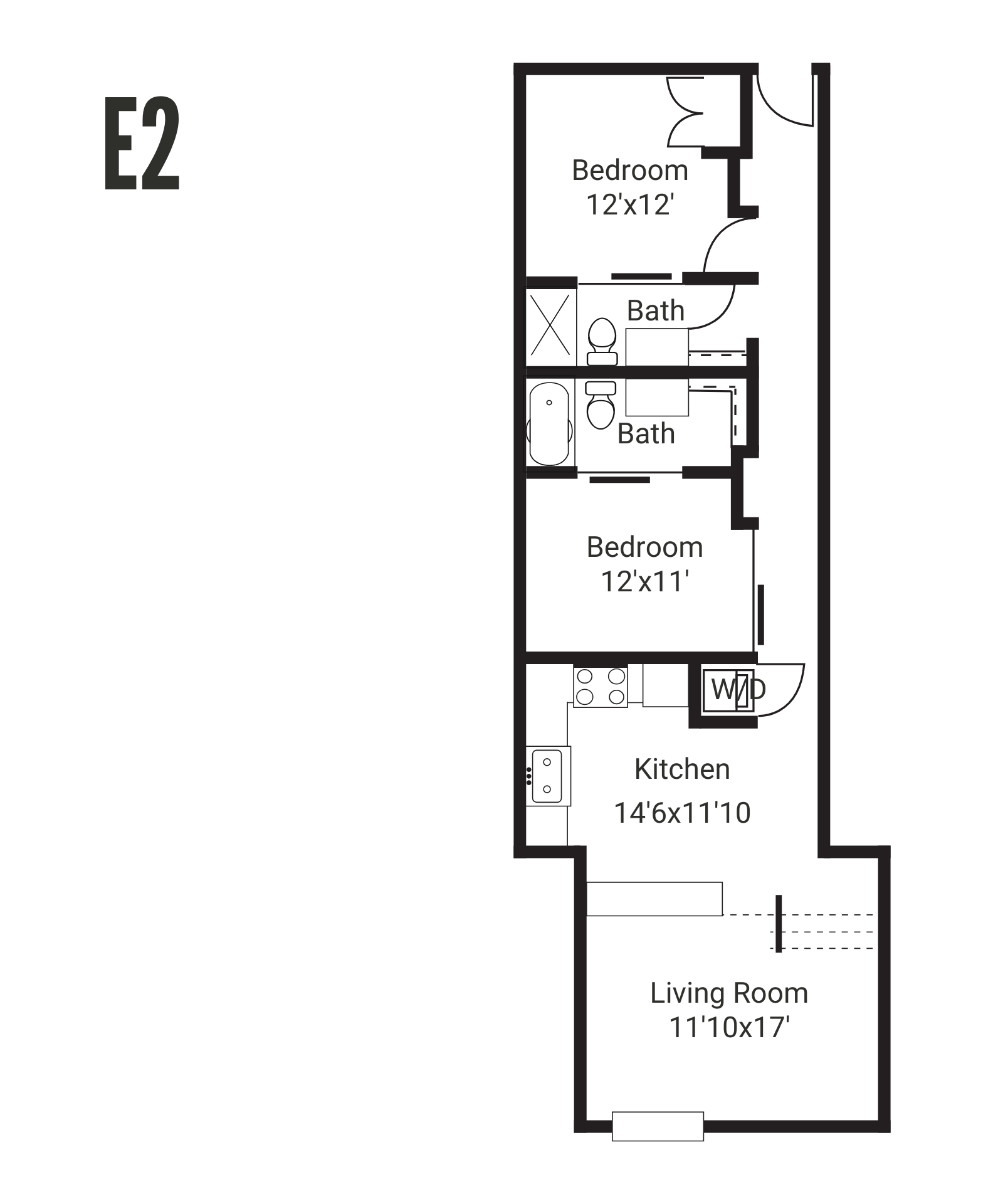 Floor plan of an apartment with a living area, kitchen, bedroom, and bathroom, furnished with neutral tones.