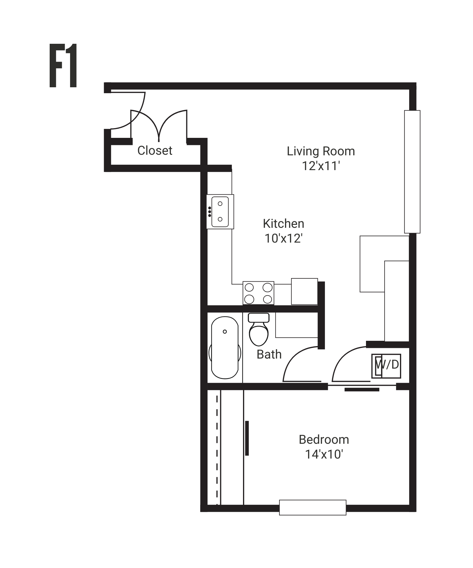 Floor plan of a one-bedroom apartment with kitchen, living room, bedroom, and bathroom. White walls, wood floors, and furnished with modern decor.