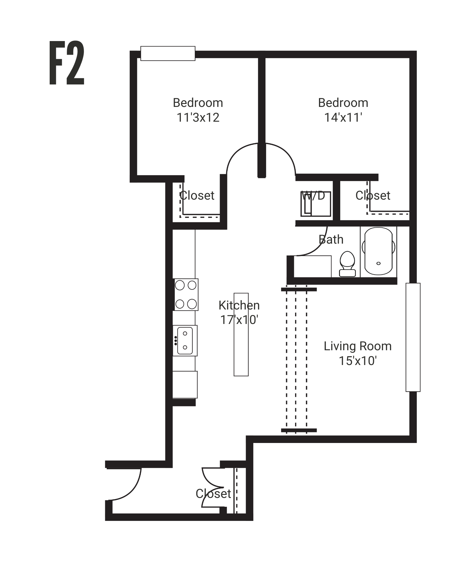 Top-down floor plan of a modern apartment with a living room, kitchen, bedroom, and bathroom. Dark wood floors and neutral-toned furniture.