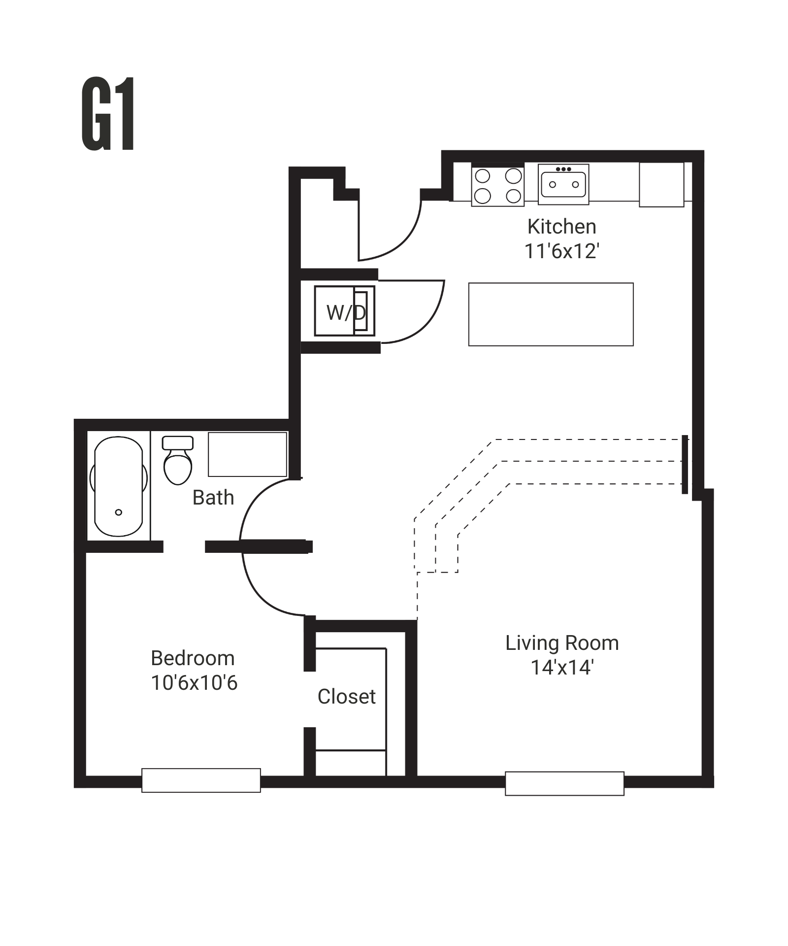 Top-down view of a furnished apartment floor plan with a bedroom, living room, kitchen, and bathroom. The layout is tan-colored, and decorated in neutral tones.