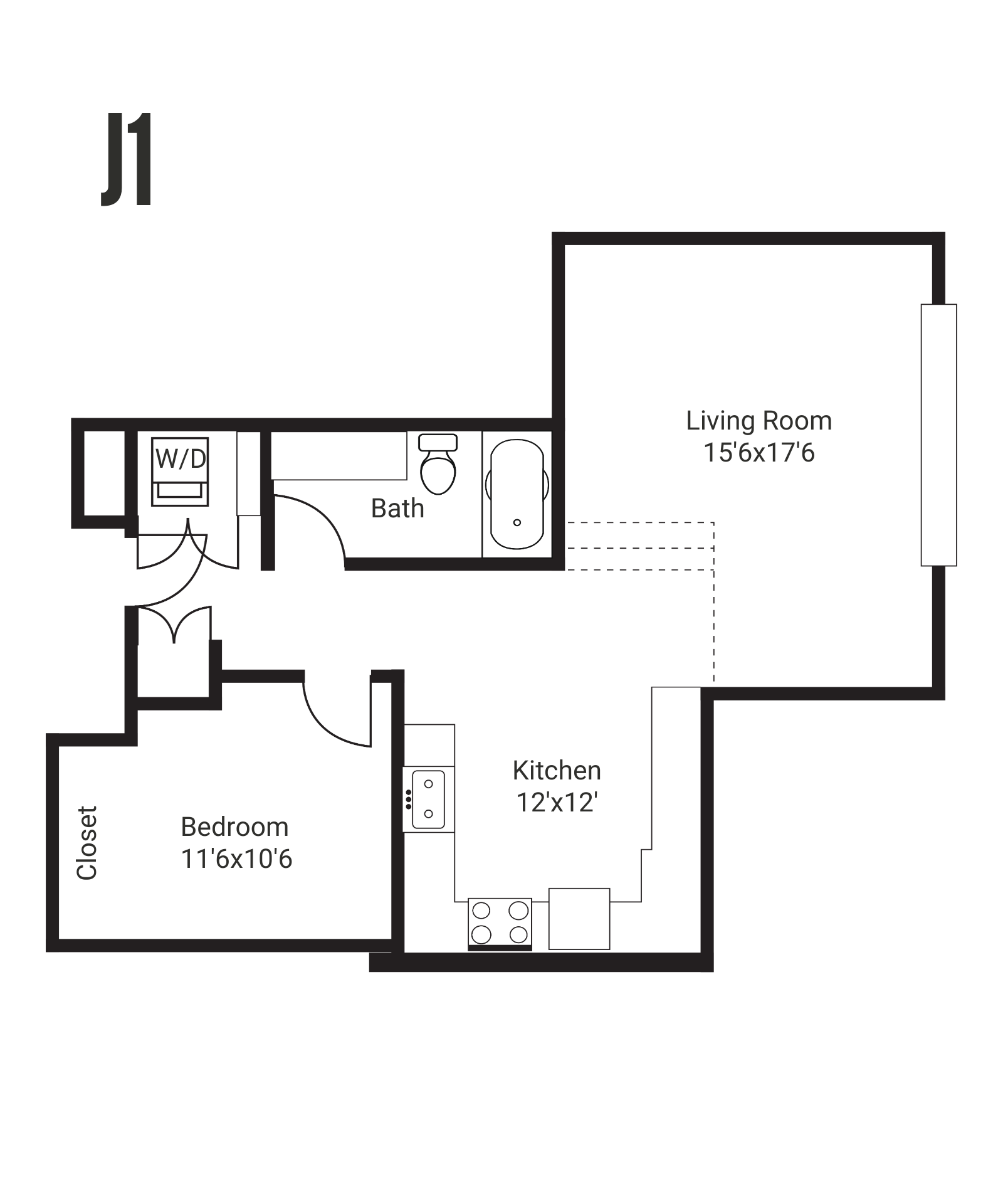 Floor plan of a one-bedroom apartment. Features a bedroom, bathroom, kitchen, living area, and laundry space.