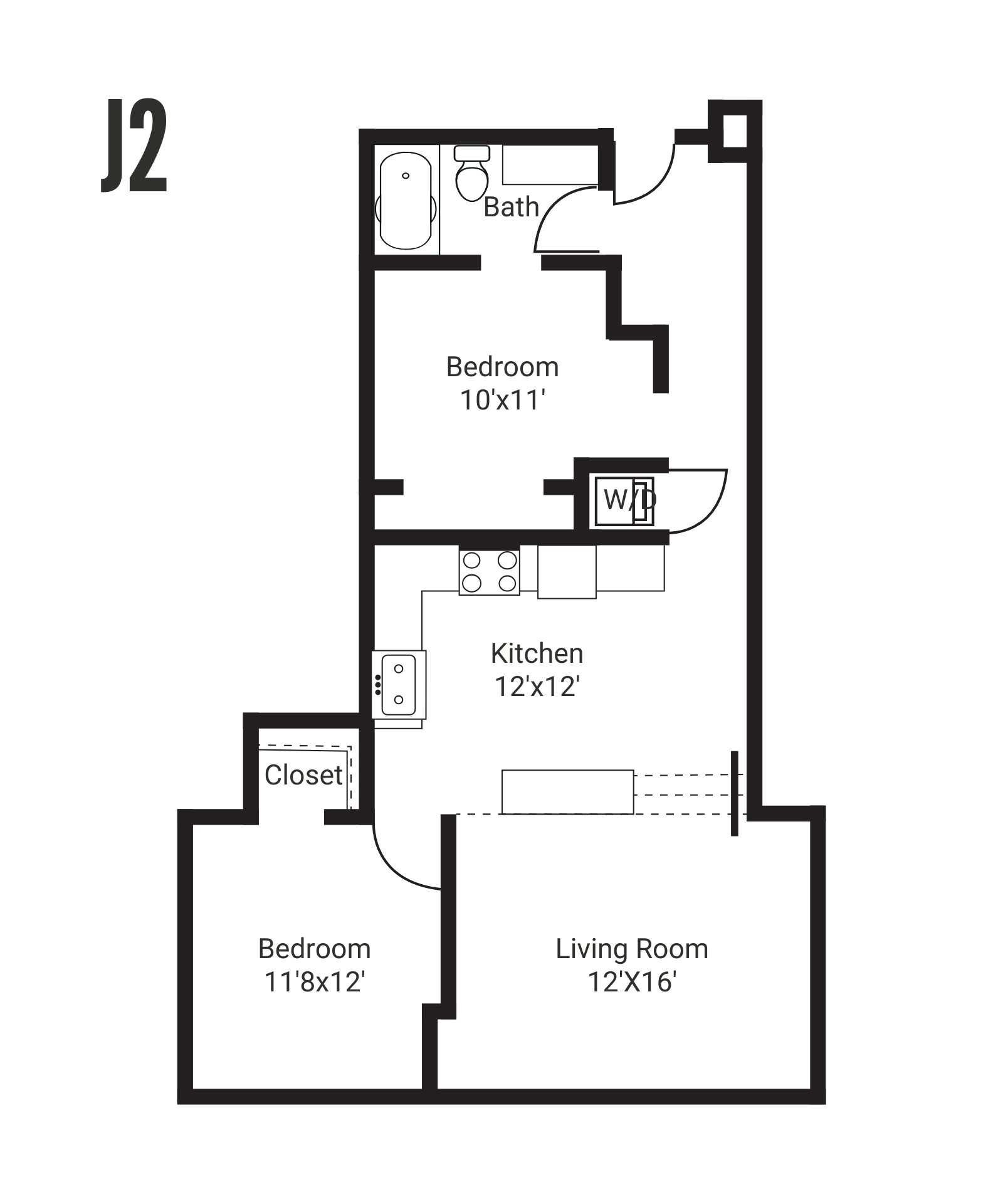 Floor plan of a two-bedroom apartment with a kitchen, living area, and bathrooms. The layout is light-colored with furniture included.