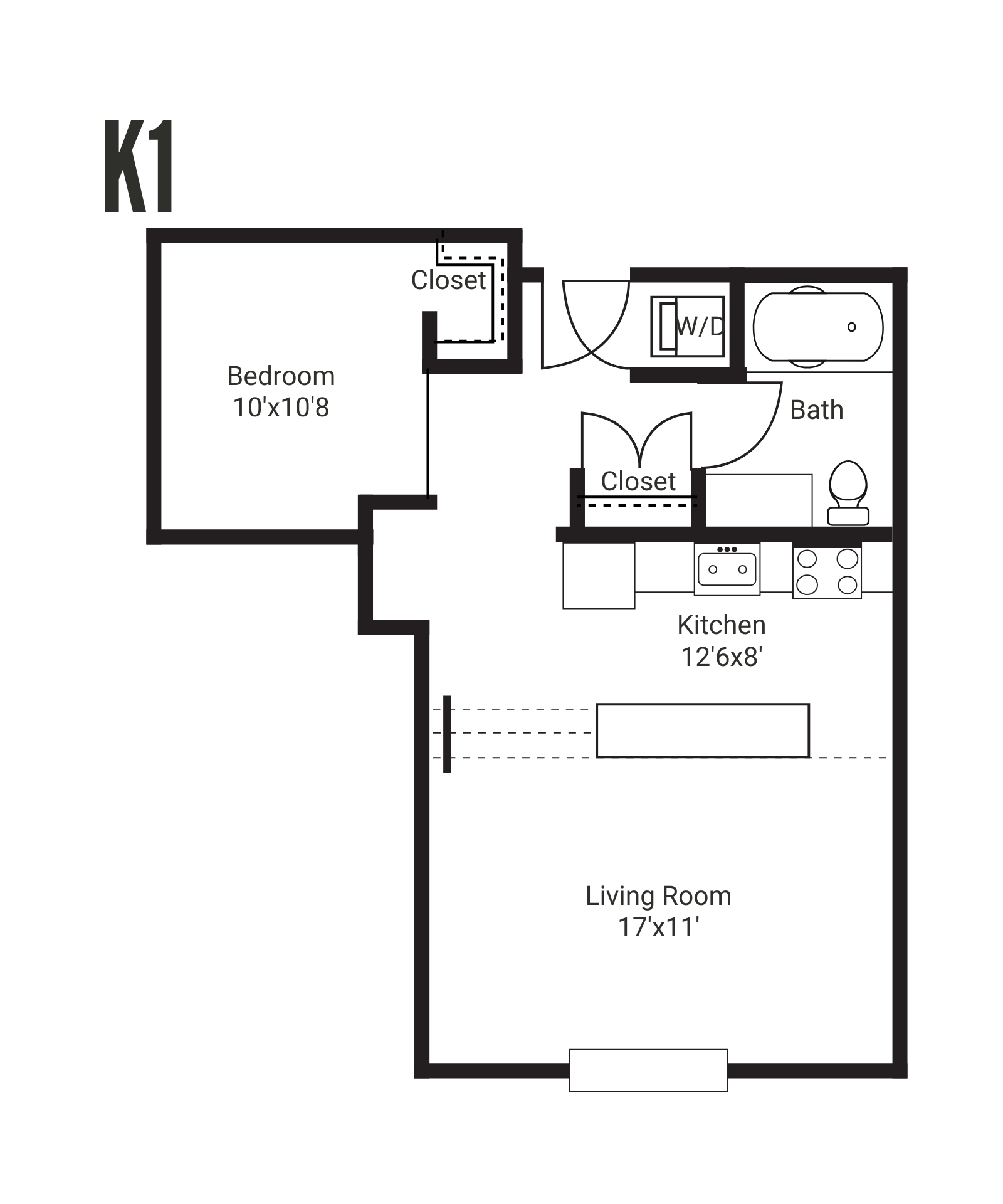 Floor plan for a one-bedroom apartment labeled K1, featuring a bedroom, kitchen, living room, and bathroom.