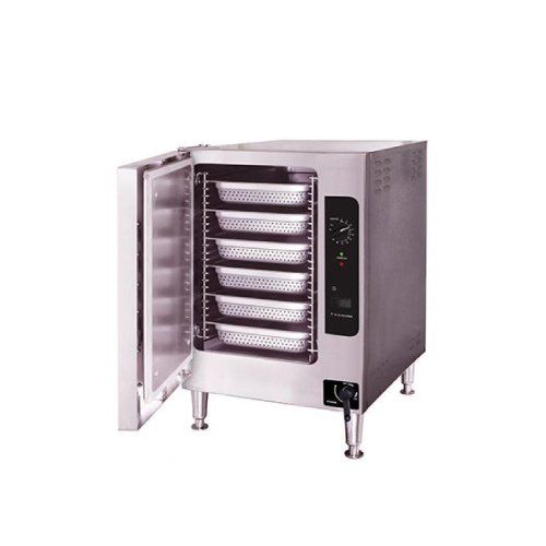 Un horno de acero inoxidable con la puerta abierta