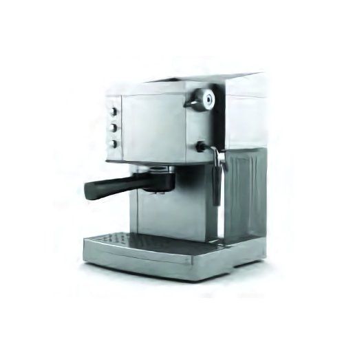 Una máquina de café expreso de acero inoxidable sobre un fondo blanco.