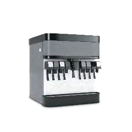 Un dispensador de refrescos en blanco y negro sobre un fondo blanco.