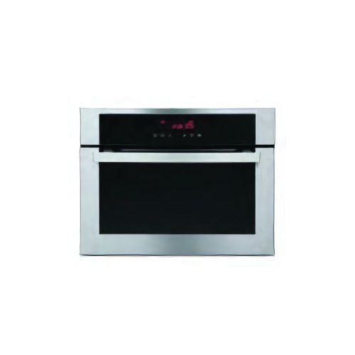 Un horno de acero inoxidable con puerta negra sobre fondo blanco.