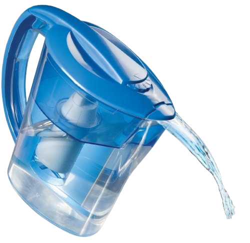 Una jarra azul de la que sale agua