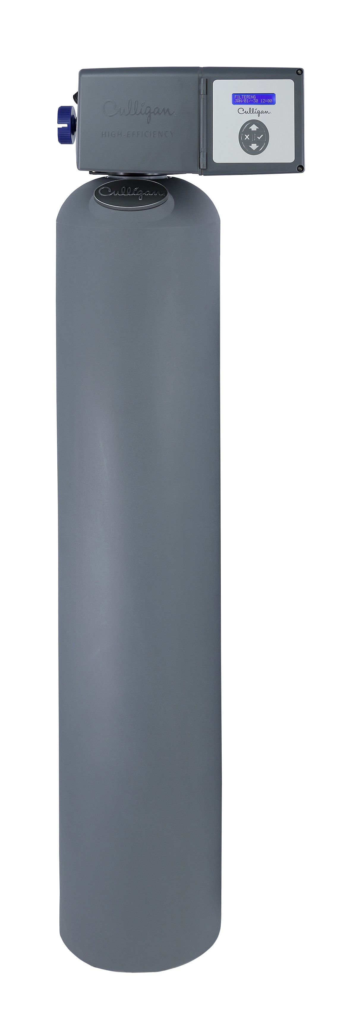 Un filtro de agua gris está colocado encima de una superficie blanca.