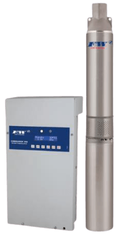 Una bomba de agua de acero inoxidable junto a una caja blanca