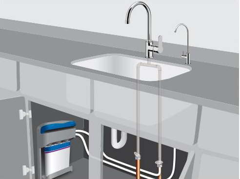 Una ilustración de un fregadero con un grifo y un filtro debajo.