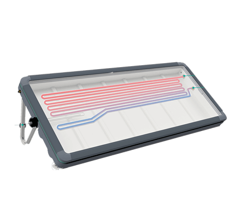 Una imagen de un panel solar con cables rojos y azules que salen de él.