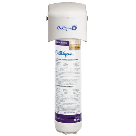 Un filtro de agua blanco y morado con la palabra Calligan.