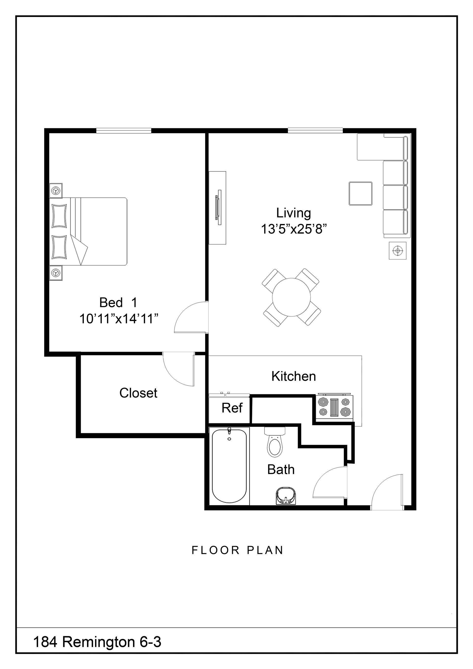 1 Bed, 1 Bath Floor Plan