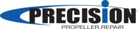 blue and black logo for precision propeller repair