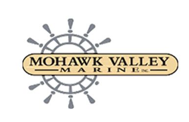 the logo for mohawk valley marine is a steering wheel