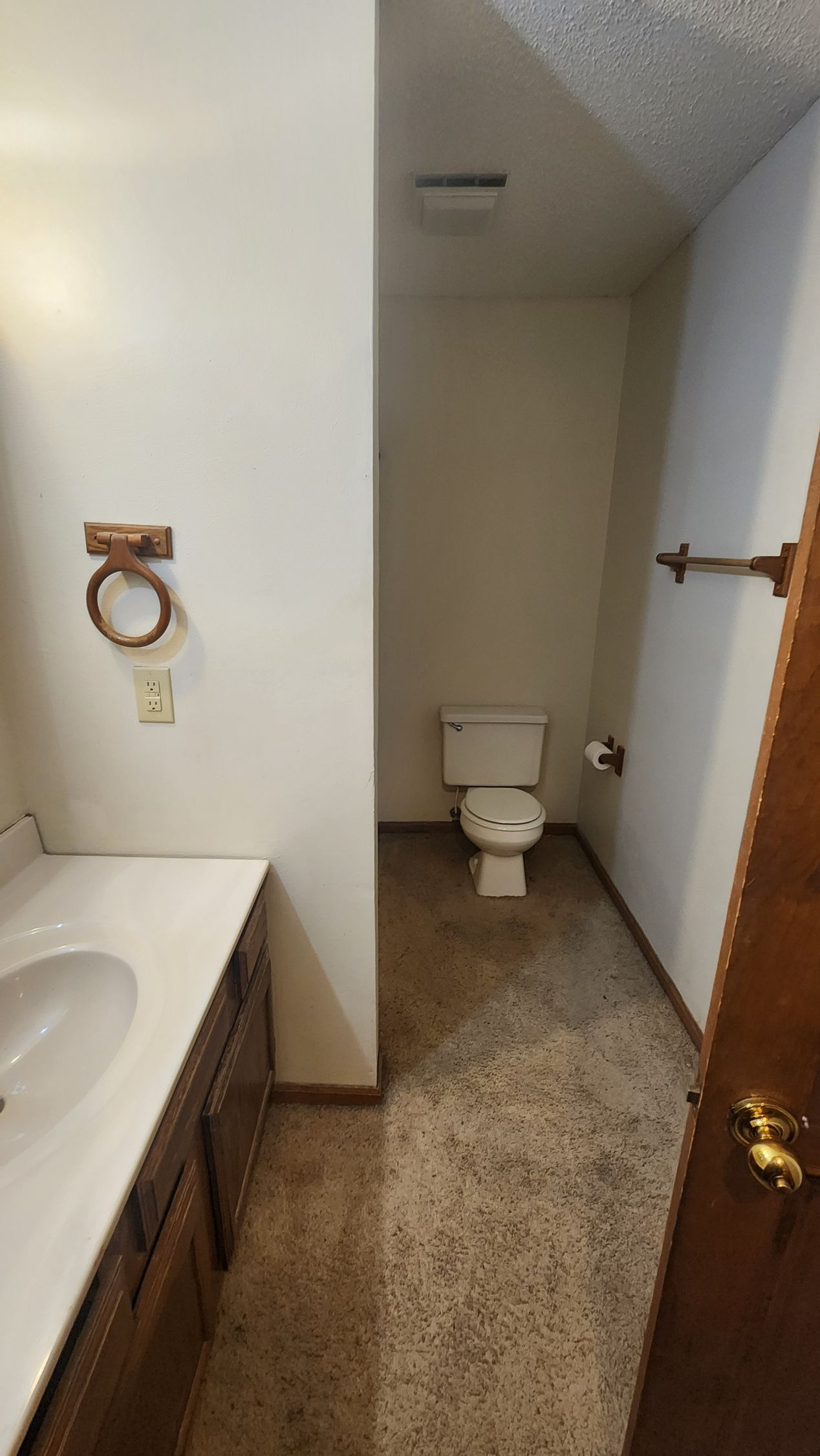 Bathroom with a toilet, sink, and a door. Light-colored walls, dark cabinets, and speckled flooring.